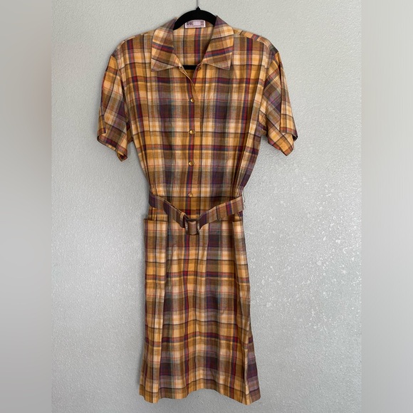 Vintage DAKS London Mustard Yellow Plaid Dress Medium - Picture 1 of 13